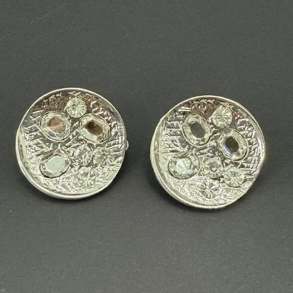 Vintage Round Crystal Gem Silver Tone Clip On Earrings 1.25